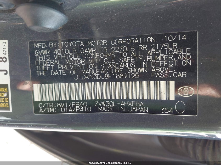 2015 Toyota Prius VIN JTDKN3DU8F1889125 IAAI salvage auction — NORMAL WEAR, Clear-Dealer Only (Arizona), sold $1,500 on 2026-07-07 (photo 9)