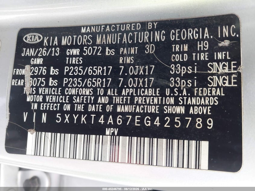 2014 Kia Sorento VIN 5XYKT4A67EG425789 IAAI salvage auction — FRONT END, Nrc Lienholder Repossession Paperwork (Georgia), sold $775 on 2026-07-08 (photo 9)