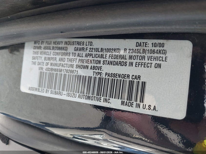 2001 Subaru Outback VIN 4S3BH665817626671 IAAI salvage auction — REAR END, Salvage (Oregon), sold $250 on 2026-07-09 (photo 9)