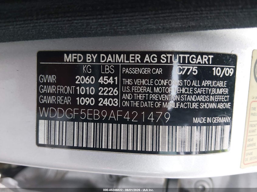 2010 Mercedes-benz C-klasse VIN WDDGF5EB9AF421479 IAAI salvage auction — REAR END, Clear (Tennessee), sold $1,100 on 2026-08-05 (photo 9)