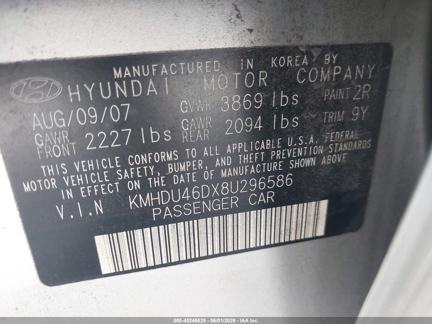 2008 Hyundai Elantra VIN KMHDU46DX8U296586 IAAI salvage auction — FRONT END, Salvage (California), sold $1,000 on 2026-07-08 (photo 9)