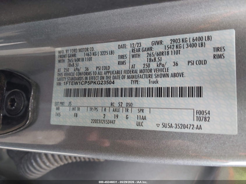 2023 Ford F-150 VIN 1FTEW1CP5PKG23504 IAAI salvage auction — LEFT FRONT, Salvage Title, sold $7,900 on 2026-07-28 (photo 9)