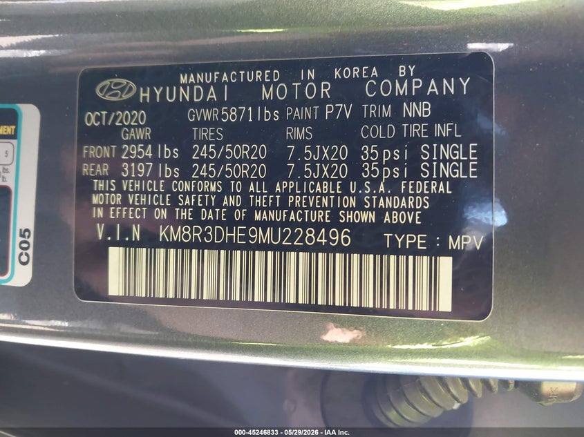 2021 Hyundai Palisade VIN KM8R3DHE9MU228496 IAAI salvage auction — RIGHT SIDE, Mv-907A (New York), sold $5,700 on 2026-07-07 (photo 9)