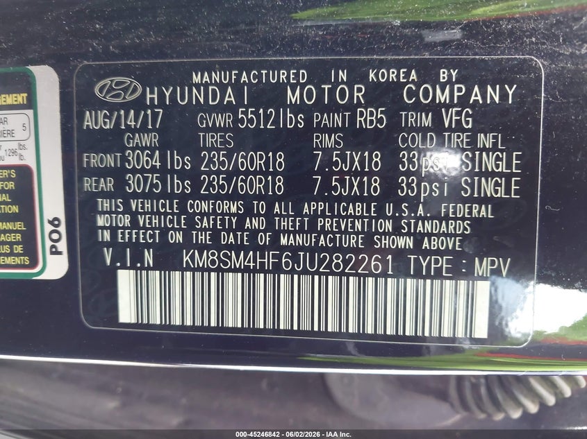 2018 Hyundai Santa fe VIN KM8SM4HF6JU282261 IAAI salvage auction — RIGHT FRONT, Salvage Title, sold $3,100 on 2026-07-20 (photo 9)