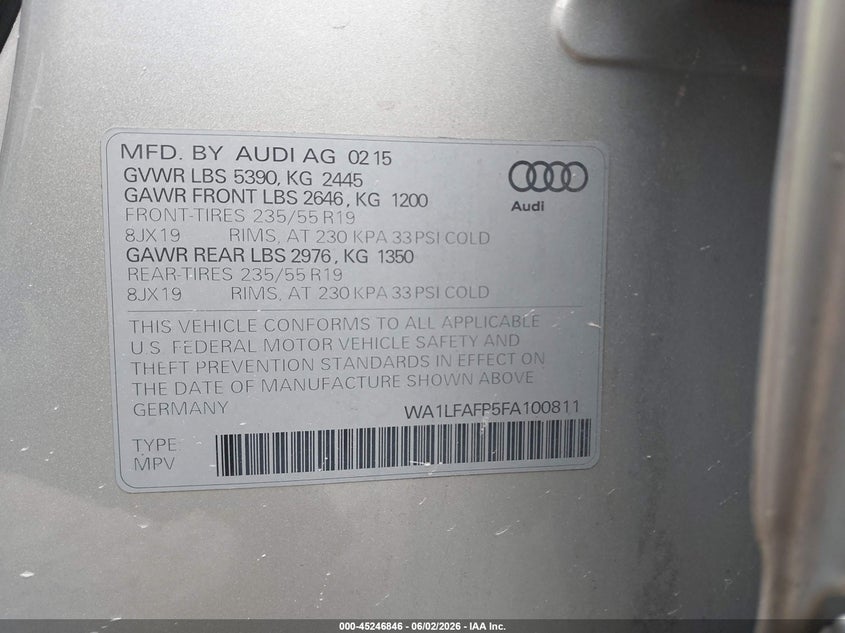 2015 Audi Q5 VIN WA1LFAFP5FA100811 IAAI salvage auction — FRONT END, Salvage Title, sold $4,050 on 2026-07-13 (photo 9)