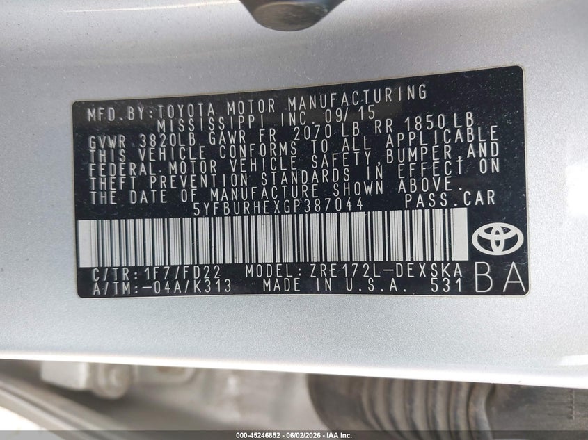 2016 Toyota Corolla VIN 5YFBURHEXGP387044 IAAI salvage auction — FRONT END, Salvage Title, sold $1,750 on 2026-07-26 (photo 9)