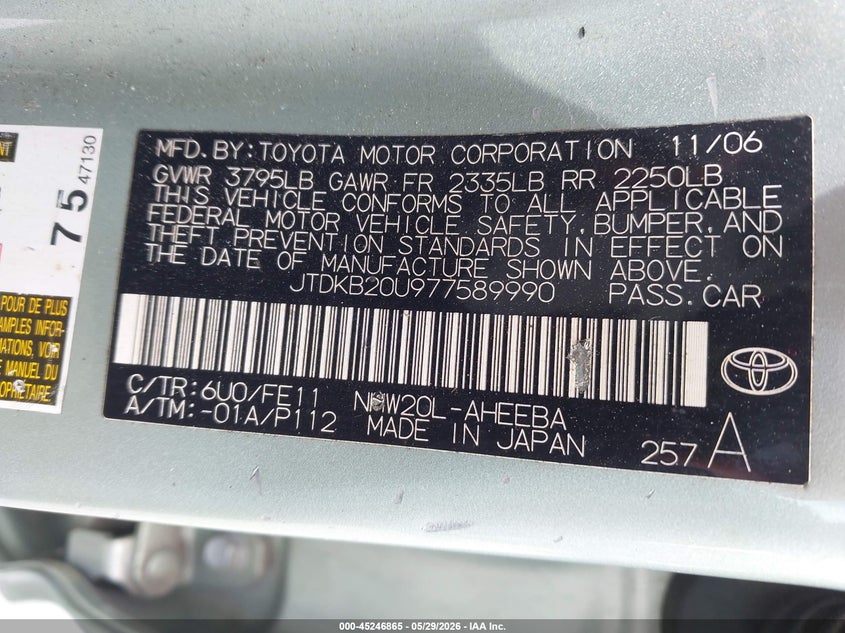 2007 Toyota Prius VIN JTDKB20U977589990 IAAI salvage auction — NORMAL WEAR, Clear - Dealer Only (California), sold $475 on 2026-07-06 (photo 9)