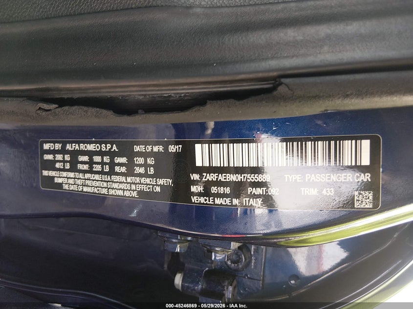 2017 Alfa romeo Giulia VIN ZARFAEBN0H7555889 IAAI salvage auction — REAR END, Salvage Title, sold $2,300 on 2026-07-11 (photo 9)