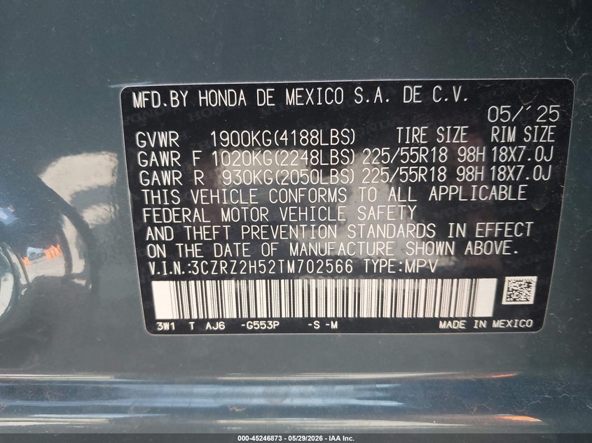 2026 Honda Hr-v VIN 3CZRZ2H52TM702566 IAAI salvage auction — FRONT END, Salvage Title, sold $6,600 on 2026-07-23 (photo 9)