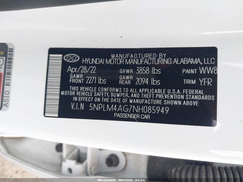 2022 Hyundai Elantra VIN 5NPLM4AG7NH085949 IAAI salvage auction — LEFT FRONT, Salvage Title, sold $4,500 on 2026-07-14 (photo 9)