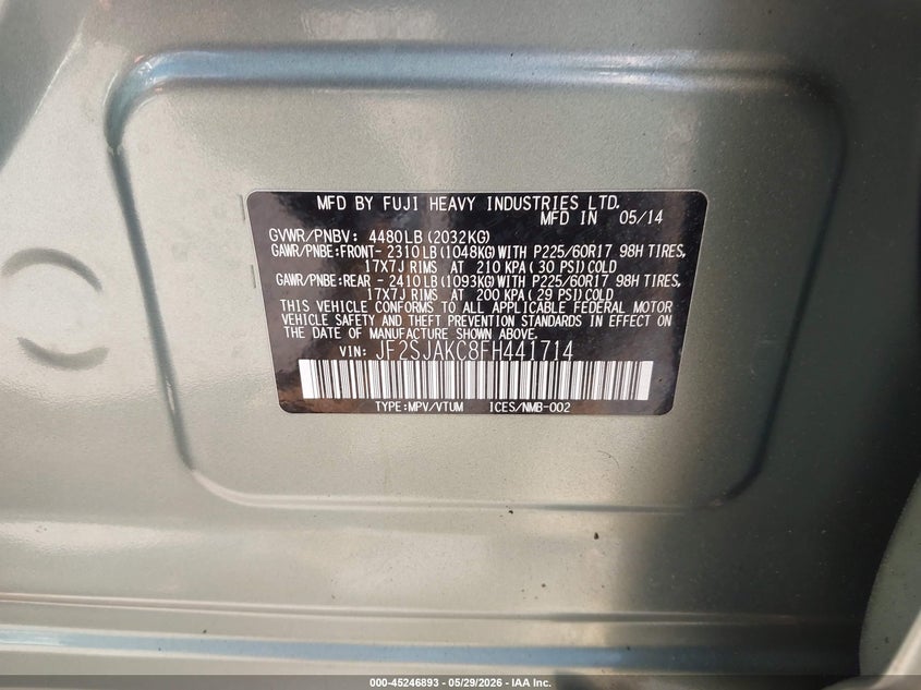 2015 Subaru Forester VIN JF2SJAKC8FH441714 IAAI salvage auction — FRONT END, Salvage Title, sold $1,700 on 2026-07-20 (photo 9)