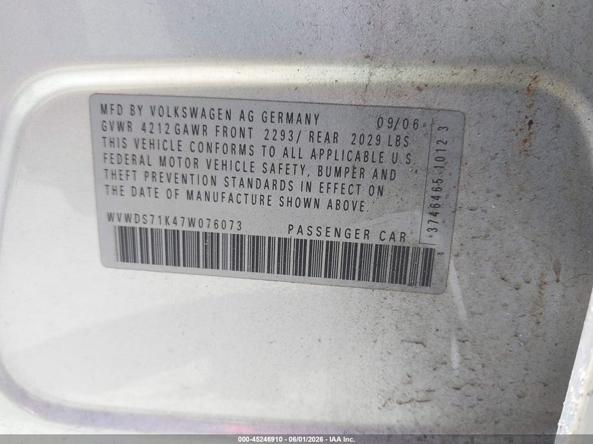 2007 Volkswagen Rabbit VIN WVWDS71K47W076073 IAAI salvage auction — REAR END, Salvage (New Jersey), sold $25 on 2026-07-20 (photo 9)