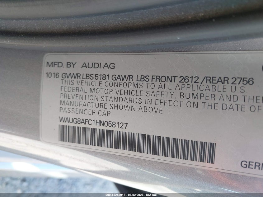 2017 Audi A6 VIN WAUG8AFC1HN058127 IAAI salvage auction — HAIL, Salvage Title, sold $5,650 on 2026-07-27 (photo 9)