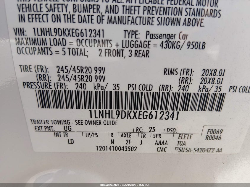 2014 Lincoln Mks VIN 1LNHL9DKXEG612341 IAAI salvage auction — FRONT END, Salvage Title, sold $1,000 on 2026-07-17 (photo 9)
