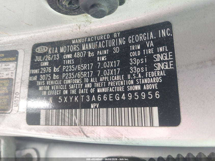2014 Kia Sorento VIN 5XYKT3A66EG495956 IAAI salvage auction — THEFT, Salvage - Greater Than 75% (Maryland), sold $650 on 2026-07-29 (photo 9)