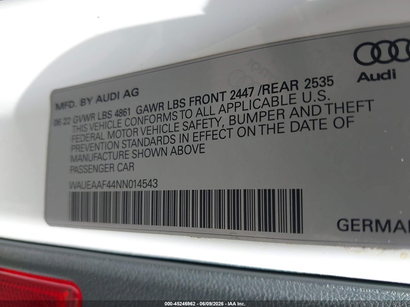 2022 Audi A4 VIN WAUEAAF44NN014543 IAAI salvage auction — HAIL, Salvage (Ohio), sold $1,000 on 2026-07-21 (photo 9)