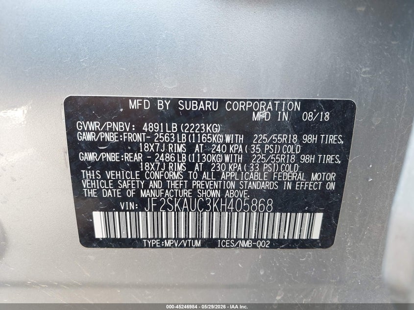 2019 Subaru Forester VIN JF2SKAUC3KH405868 IAAI salvage auction — FRONT END, Salvage Title, sold $1,625 on 2026-07-07 (photo 9)
