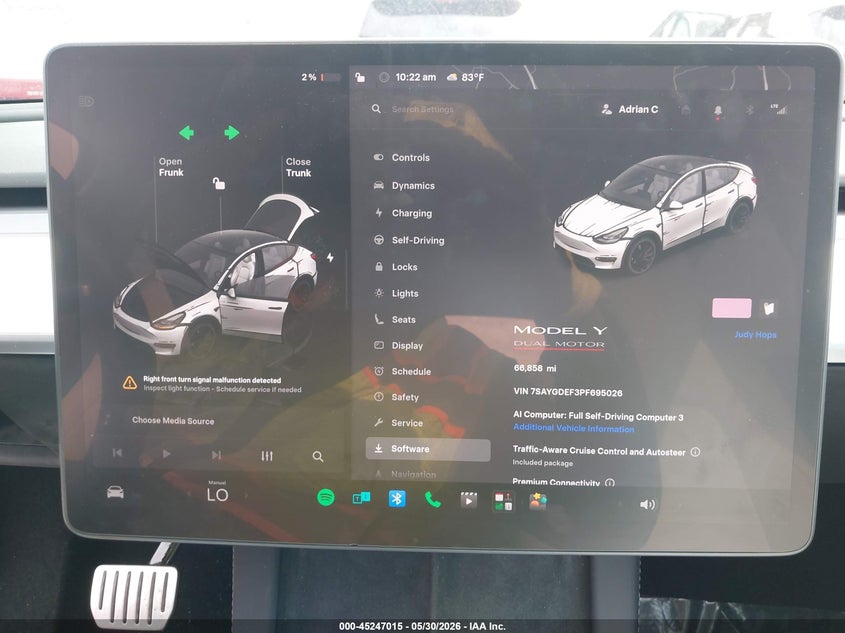 2023 Tesla Model y VIN 7SAYGDEF3PF695026 IAAI salvage auction — RIGHT FRONT, Salvage Title, sold $11,200 on 2026-07-16 (photo 7)