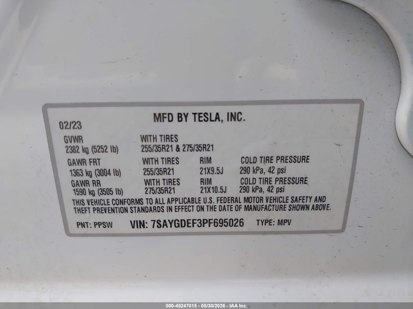 2023 Tesla Model y VIN 7SAYGDEF3PF695026 IAAI salvage auction — RIGHT FRONT, Salvage Title, sold $11,200 on 2026-07-16 (photo 9)