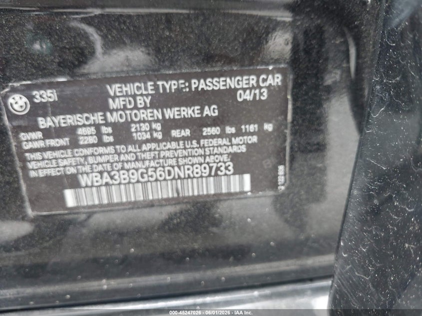 2013 BMW 3er VIN WBA3B9G56DNR89733 IAAI salvage auction — LEFT FRONT, Salvage Title, sold $3,300 on 2026-07-07 (photo 9)