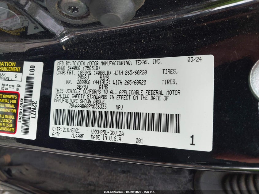 2024 Toyota Sequoia VIN 7SVAAABA8RX036333 IAAI salvage auction — SIDE, Salvage Title, sold $14,200 on 2026-07-30 (photo 9)