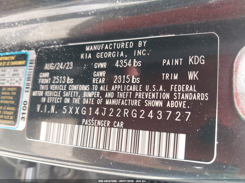 2024 Kia K5 VIN 5XXG14J22RG243727 IAAI salvage auction — FRONT END, Salvage Title, sold $3,650 on 2026-07-14 (photo 9)