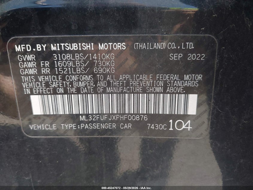 2023 Mitsubishi Mirage VIN ML32FUFJXPHF00876 IAAI salvage auction — RIGHT FRONT, Salvage Title, sold $1,600 on 2026-07-16 (photo 9)