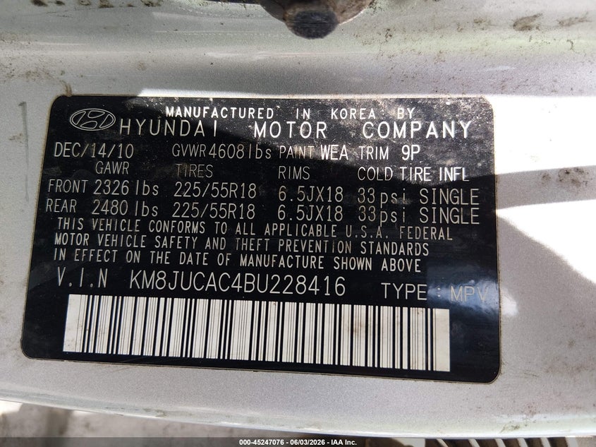2011 Hyundai Tucson VIN KM8JUCAC4BU228416 IAAI salvage auction — LEFT SIDE, Clear (Oklahoma), sold $2,000 on 2026-08-01 (photo 9)