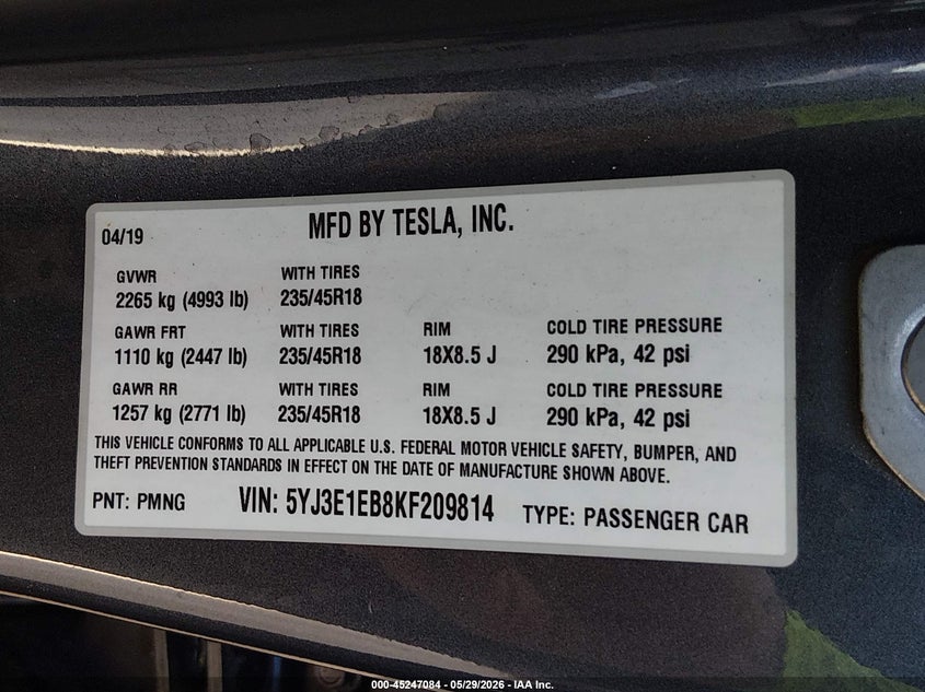 2019 Tesla Model 3 VIN 5YJ3E1EB8KF209814 IAAI salvage auction — FRONT END, Salvage Title, sold $3,150 on 2026-07-16 (photo 9)