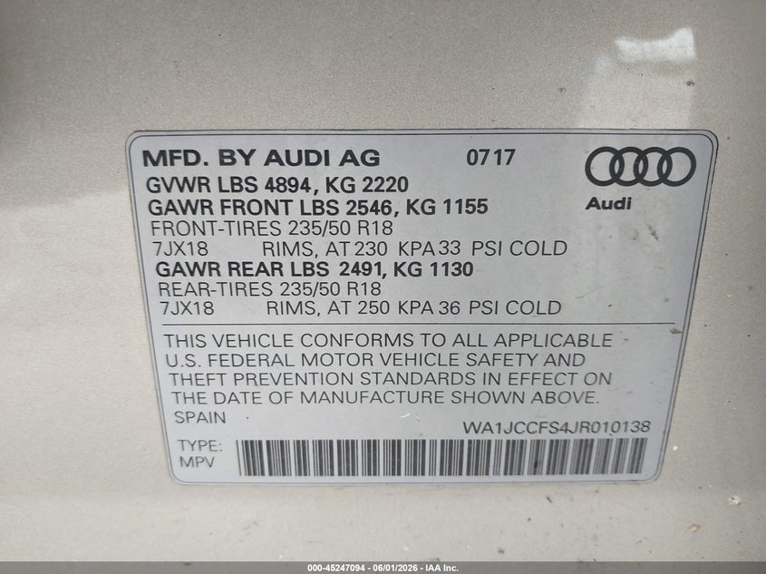 2018 Audi Q3 VIN WA1JCCFS4JR010138 IAAI salvage auction — FRONT END, Salvage (Massachusetts), sold $525 on 2026-07-24 (photo 9)