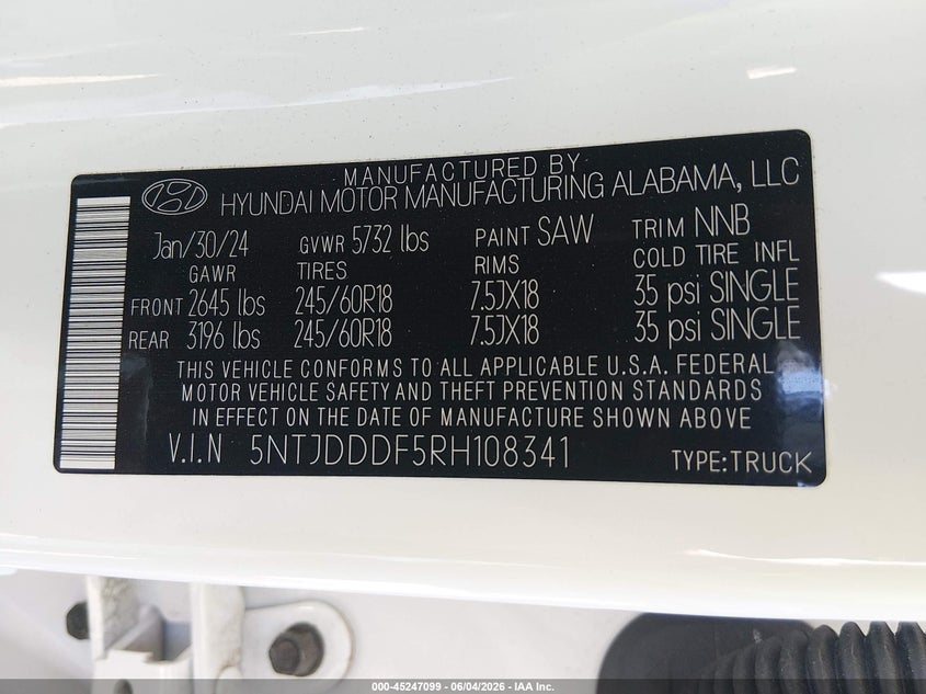 2024 Hyundai Santa cruz VIN 5NTJDDDF5RH108341 IAAI salvage auction — FRONT END, Salvage Title, sold $7,700 on 2026-07-29 (photo 9)