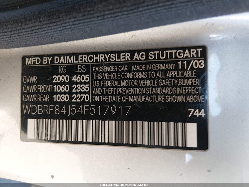 2004 Mercedes-benz C-klasse VIN WDBRF84J54F517917 IAAI salvage auction — REAR END, Salvage (New Jersey), sold $400 on 2026-07-23 (photo 9)
