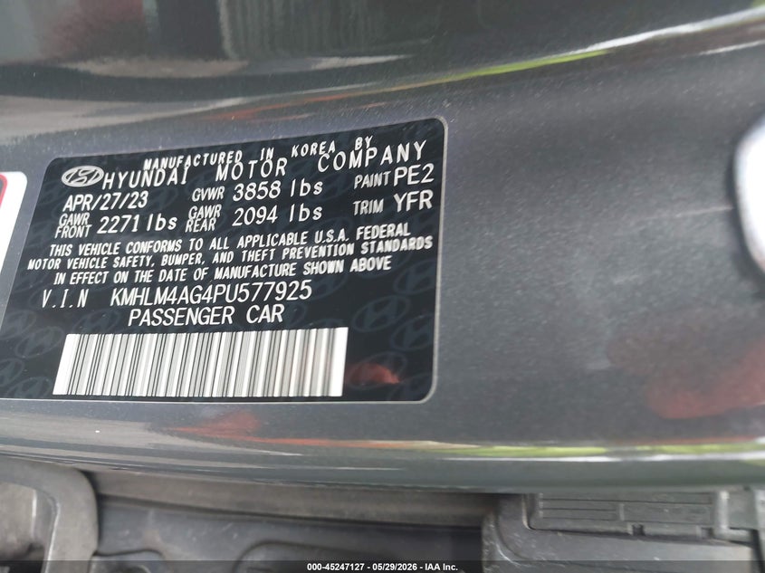 2023 Hyundai Elantra VIN KMHLM4AG4PU577925 IAAI salvage auction — FRONT END, Salvage (California), sold $2,150 on 2026-07-28 (photo 9)