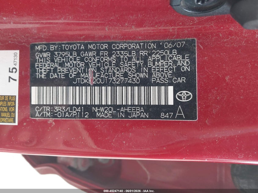 2007 Toyota Prius VIN JTDKB20U173277430 IAAI salvage auction — FRONT END, Mv-907A (New York), sold $475 on 2026-07-09 (photo 9)
