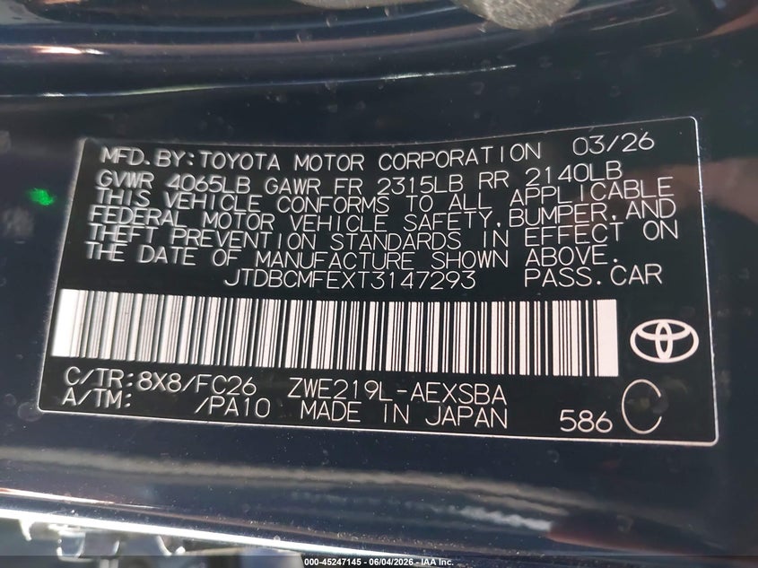 2026 Toyota Corolla VIN JTDBCMFEXT3147293 IAAI salvage auction — LEFT SIDE, Salvage Title, sold $8,775 on 2026-07-15 (photo 9)