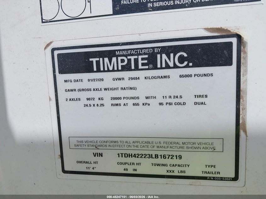 2020 Timpte Grain trailer VIN 1TDH42223LB167219 IAAI salvage auction — SIDE, Salvage (New Mexico), sold $500 on 2026-07-15 (photo 9)