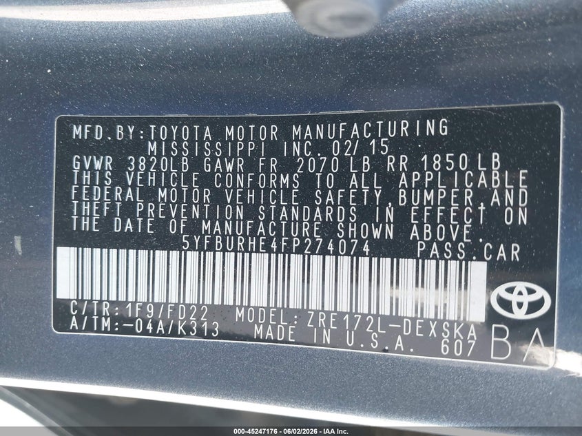 2015 Toyota Corolla VIN 5YFBURHE4FP274074 IAAI salvage auction — REAR END, Salvage (California), sold $1,650 on 2026-07-28 (photo 9)