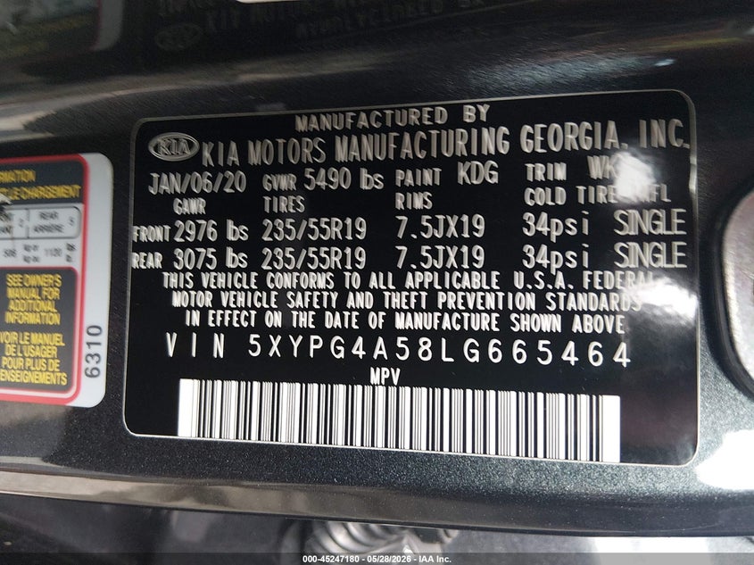 2020 Kia Sorento VIN 5XYPG4A58LG665464 IAAI salvage auction — FRONT END, Salvage Title, sold $2,850 on 2026-07-27 (photo 9)