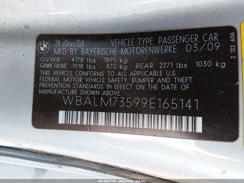 2009 BMW Z4 VIN WBALM73599E165141 IAAI salvage auction — FRONT & REAR, Salvage (West Virginia), sold $1,100 on 2026-07-23 (photo 9)