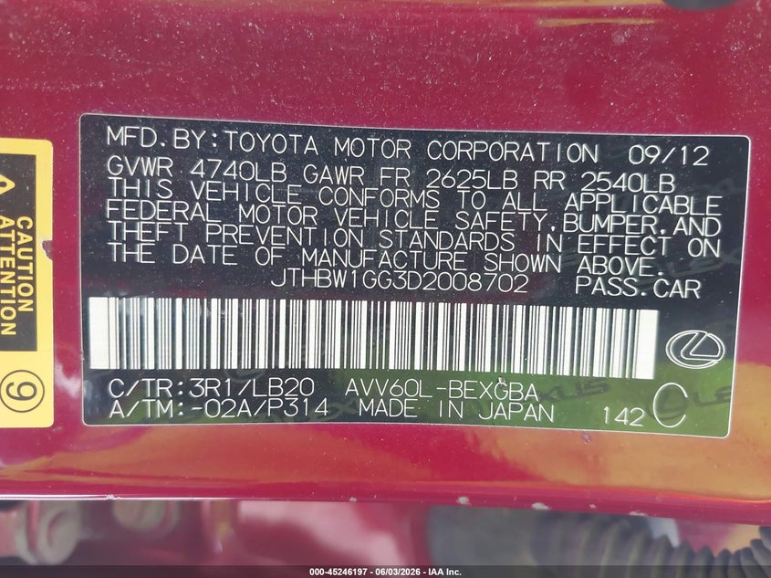 2013 Lexus ES VIN JTHBW1GG3D2008702 IAAI salvage auction — HAIL, Salvage (Iowa), sold $2,200 on 2026-07-13 (photo 9)