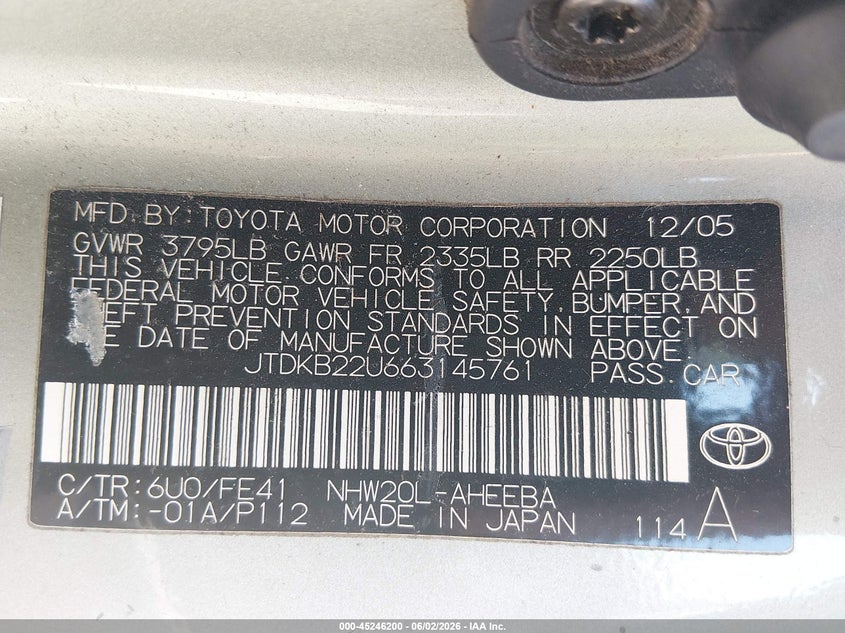 2006 Toyota Prius VIN JTDKB22U663145761 IAAI salvage auction — FRONT END, Clear (Virginia), sold $175 on 2026-07-09 (photo 9)