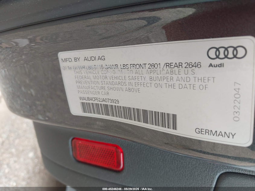 2018 Audi S5 VIN WAUB4CF52JA073929 IAAI salvage auction — FRONT END, Salvage Title, sold $9,175 on 2026-08-05 (photo 9)