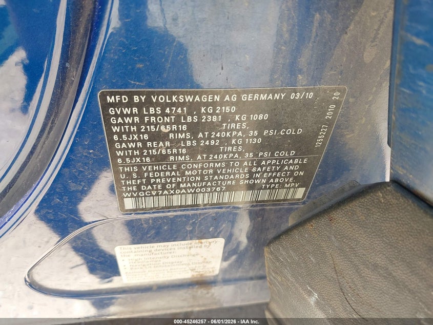 2010 Volkswagen Tiguan VIN WVGCV7AX0AW003767 IAAI salvage auction — HAIL, Original (Texas), sold $1,250 on 2026-07-09 (photo 9)