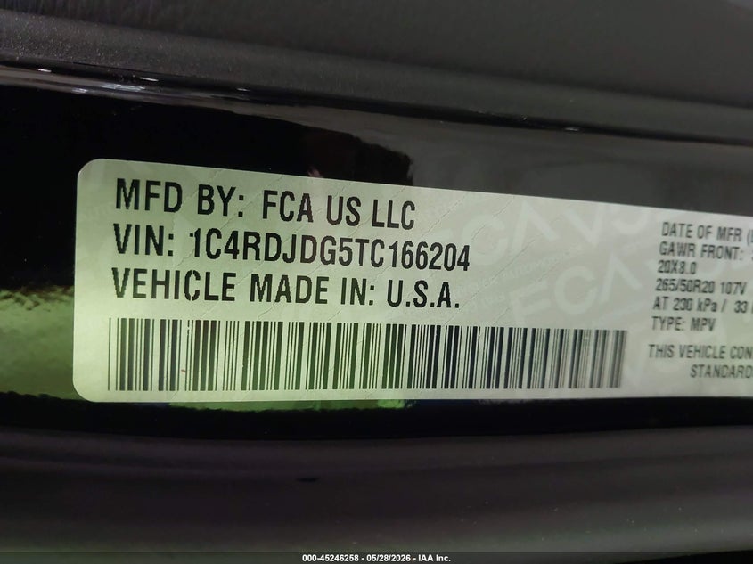 2026 Dodge Durango VIN 1C4RDJDG5TC166204 IAAI salvage auction — FRONT END, Salvage Title, sold $20,200 on 2026-07-18 (photo 9)