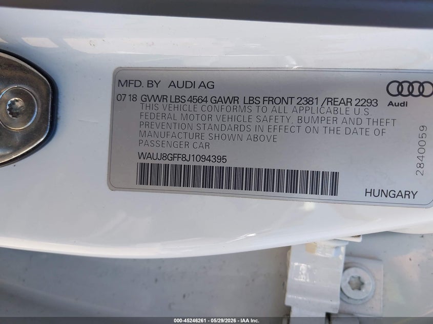 2018 Audi A3 VIN WAUJ8GFF8J1094395 IAAI salvage auction — FRONT END, Salvage - Greater Than 75% (Maryland), sold $1,900 on 2026-07-30 (photo 9)