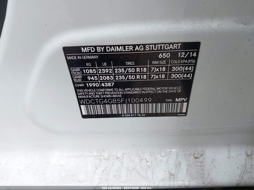 2015 Mercedes-benz Gla-klasse VIN WDCTG4GB5FJ100499 IAAI salvage auction — ELECTRICAL, Salvage Title, sold $3,650 on 2026-07-21 (photo 9)