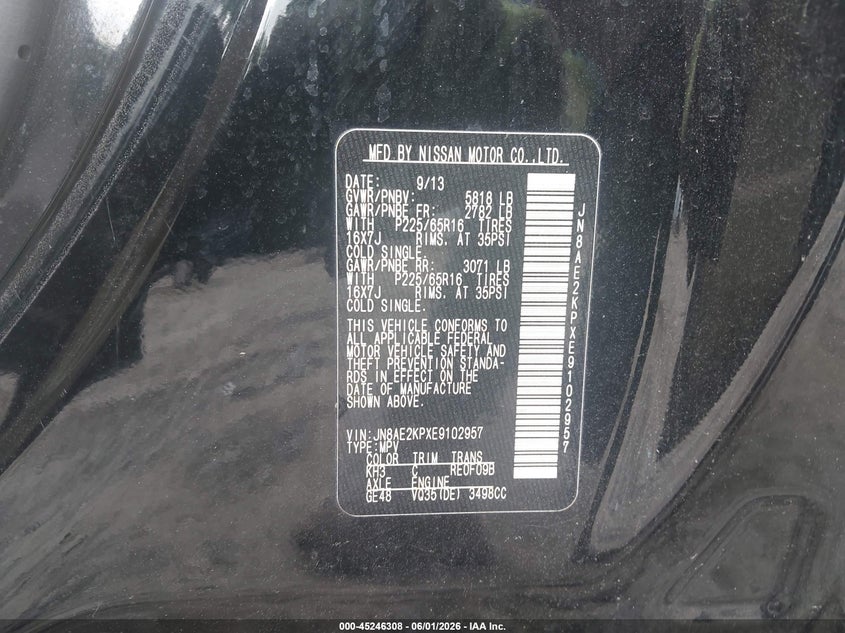2014 Nissan Quest VIN JN8AE2KPXE9102957 IAAI salvage auction — BIO HAZARD, Salvage Title, sold $275 on 2026-07-10 (photo 9)