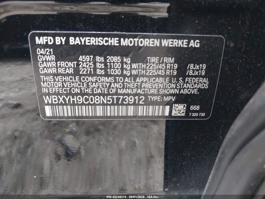 2022 BMW X2 VIN WBXYH9C08N5T73912 IAAI salvage auction — FRONT END, Salvage Title, sold $3,500 on 2026-07-28 (photo 9)