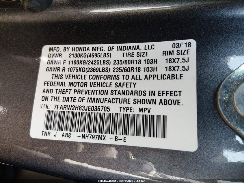 2018 Honda Cr-v VIN 7FARW2H83JE036705 IAAI salvage auction — FRONT END, Salvage (New Jersey), sold $6,350 on 2026-07-06 (photo 9)
