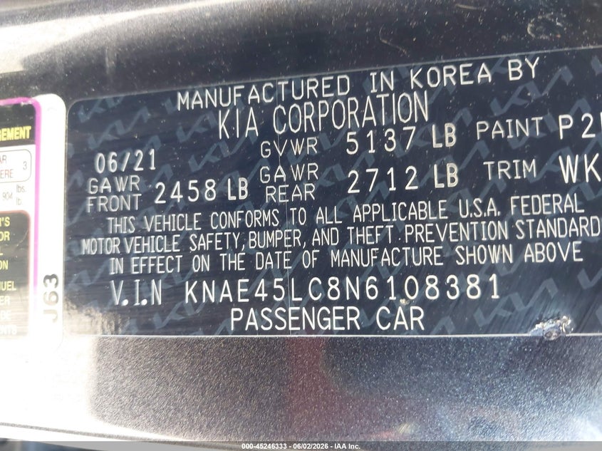 2022 Kia Stinger VIN KNAE45LC8N6108381 IAAI salvage auction — FRONT END, Salvage Title, sold $25 on 2026-07-15 (photo 9)